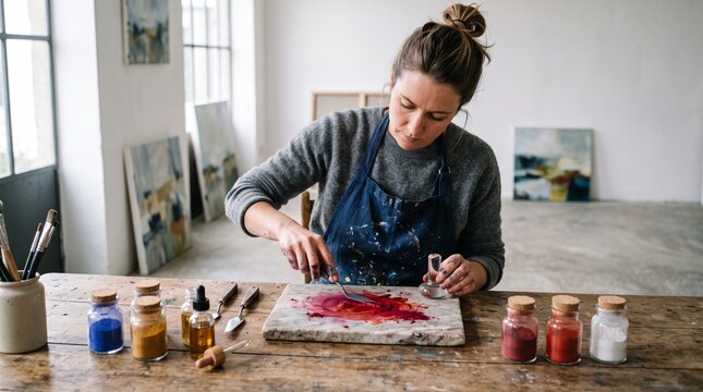 Artist mixing vibrant red paint on a marble slab in a bright studio with abstract paintings in the background