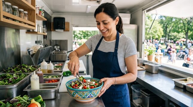 Woman preparing fresh salad in a food truck kitchen with a park full of people in the background