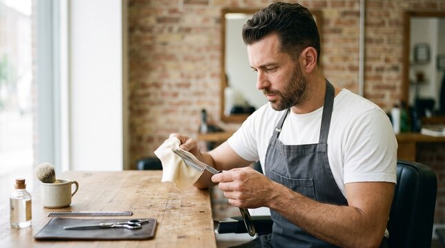 Barber meticulously cleaning a straight razor with a cloth in a vintage style barbershop