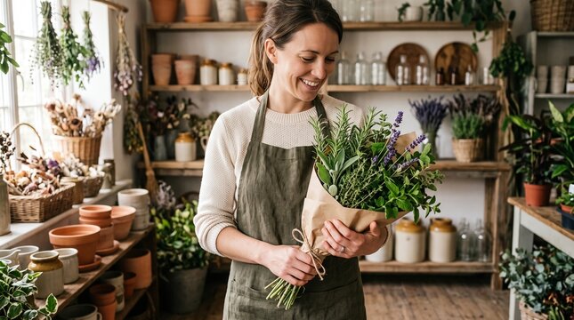 Smiling woman florist holding a bouquet of fresh herbs and lavender in a rustic shop
