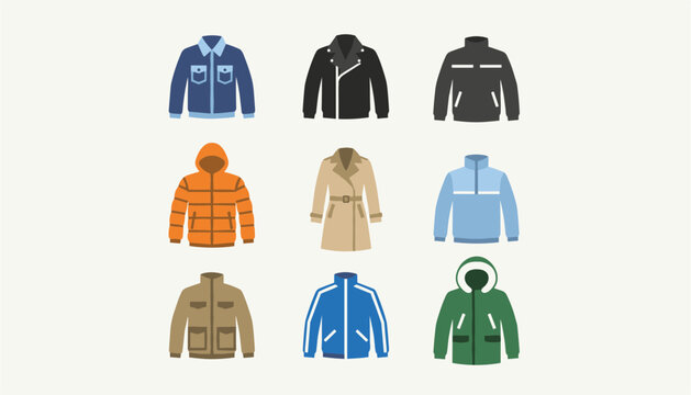 Collection of nine different jacket and coat styles including parkas, bombers, blazers, and trench coats illustrated in a flat vector design set.