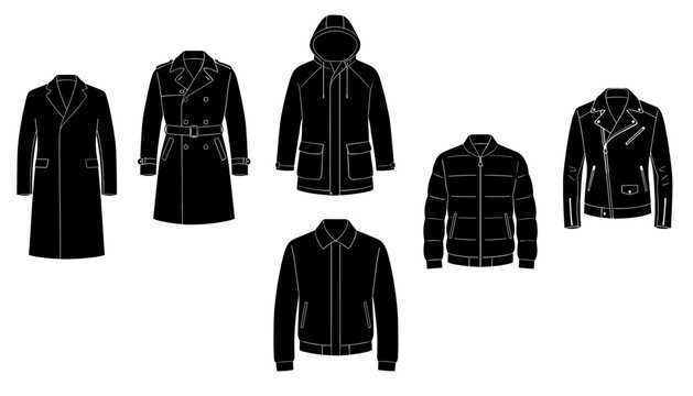 Assortment of black and white silhouette jacket and coat designs including trench coats, parkas, and leather jackets in a flat vector style set.