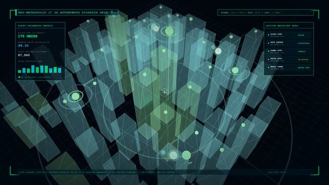 Futuristic HUD interface displaying 3D digital wireframe city map with autonomous navigation nodes, data analytics, telemetric overlays, high-angle rotating view, dark sci-fi tech background.