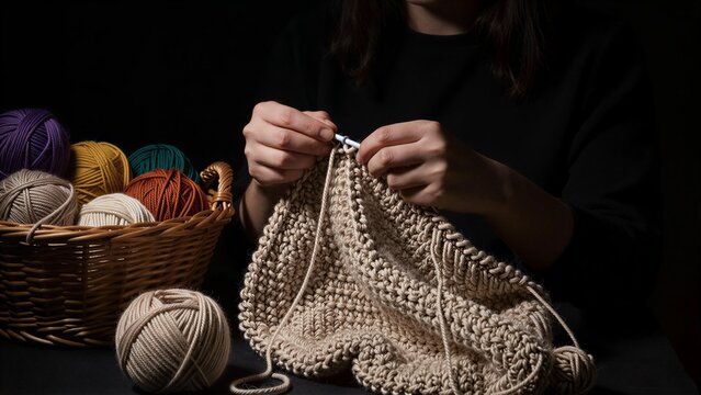 Hands knitting with yarn, basket of colorful balls nearby in dim lighting.