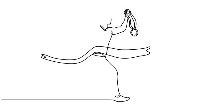 Continuous One Line Drawing Animation Of Male Runner Winning Finish Line Holding Gold Medal