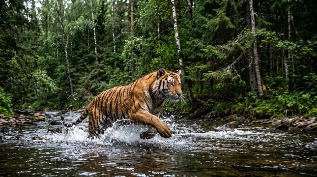 Majestic Siberian tiger running through a forest river, wild tiger splashing in water, powerful predator in natural green woodland habitat