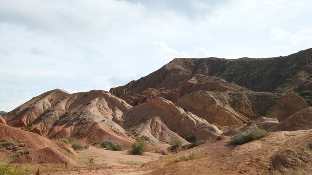 Skazka Canyons or so called Fairytale Canyons Issyk-Kul region near the lake in drone point of view in kyrgyzstan