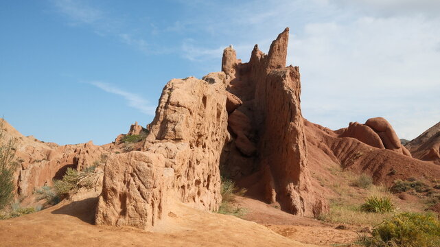 Skazka Canyons or so called Fairytale Canyons Issyk-Kul region near the lake in drone point of view in kyrgyzstan