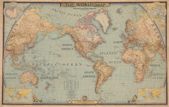 New York -1943 circa: map of world before world war II, issued by national geographic magazine