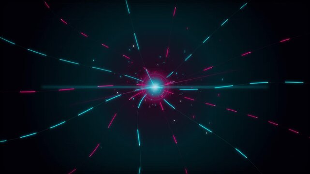 Abstract neon cyan and red light streak particles zooming into a glowing central core portal in a dark cyberspace environment, ideal for futuristic technology and data transfer backgrounds.
