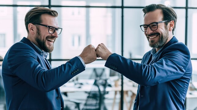 Business confrontation turns into positive competition as two confident professionals exchange powerful fists, symbolizing resilience, motivation, and shared ambition.