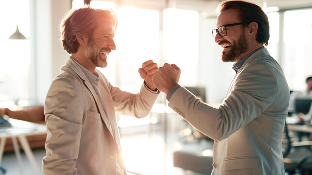 Business confrontation turns into positive competition as two confident professionals exchange powerful fists, symbolizing resilience, motivation, and shared ambition.