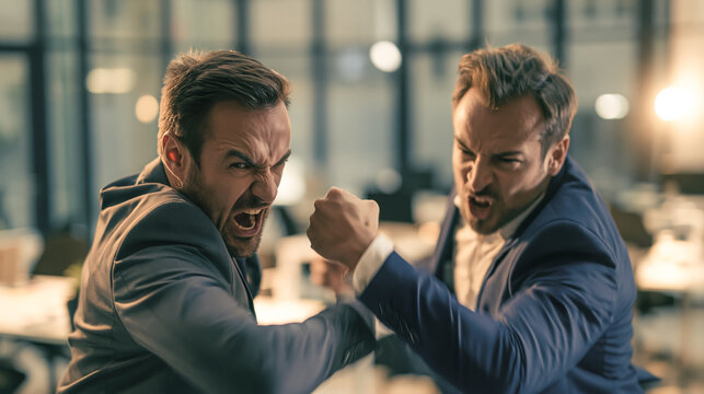 Business confrontation turns into positive competition as two confident professionals exchange powerful fists, symbolizing resilience, motivation, and shared ambition.