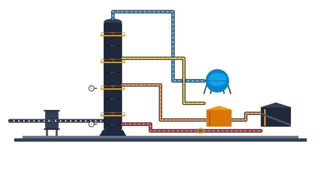 Chemical Distillation Column Diagram with Liquid Flowing through Storage Tank Pipes