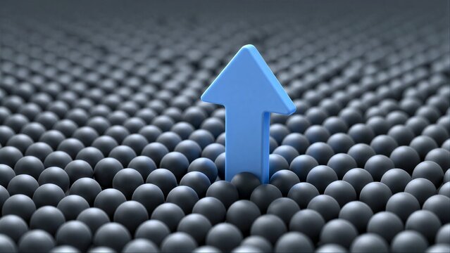 White arrow rises above gray spheres, symbolizing progress amid uniformity.