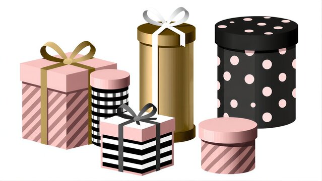 Gift boxes in pink, black, and gold with bows, arranged neatly.