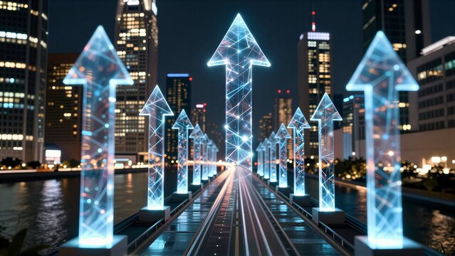 Glowing digital arrows illuminate a city street at night, symbolizing progress and direction.