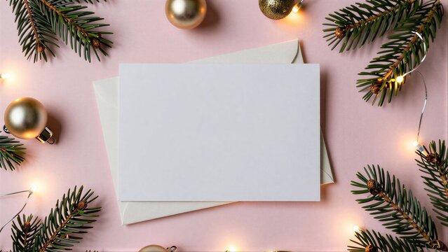 Christmas decorations surround a blank card on pink background.