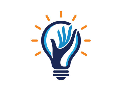 Creative light bulb logo with hand silhouette, innovative idea concept vector, bright inspiration and support symbol for business branding