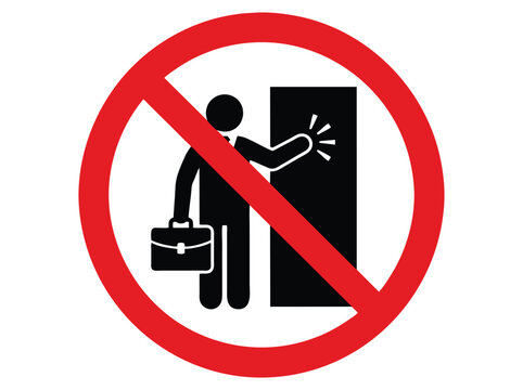 Prohibition sign for solicitors, no door knocking warning icon, red circle ban symbol for salesmen and visitors, restricted entry vector