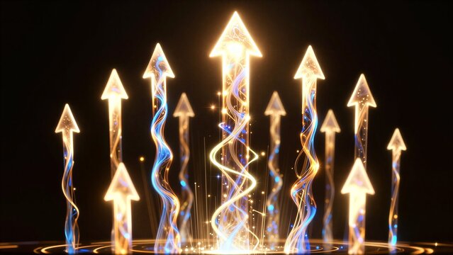 Luminous arrows glow upward, symbolizing progress and direction in a dark space.