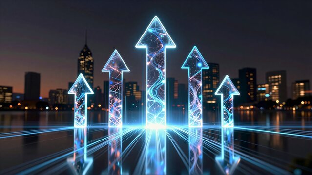 Glowing arrows rise above city skyline, symbolizing progress and innovation at dawn.