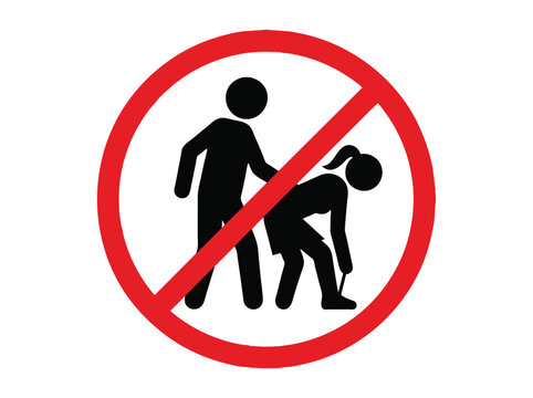 Sexual harassment prohibition sign, stop workplace misconduct vector, no harassment warning symbol with black silhouettes