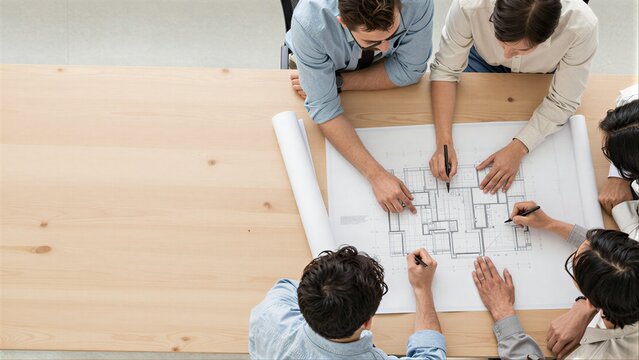 Team collaborates over architectural blueprints at a wooden table.