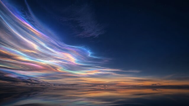 Photorealistic 3D Nacreous Cloud Waves with Iridescent Pastel Light Across a Dusk Blue Sky