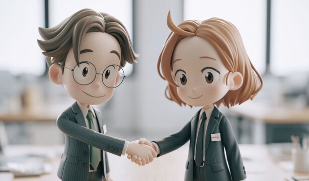 Anime style scene of two business person shaking hands emphasizes trust, success, and corporate deal making in a clean, stylized composition.