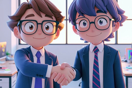 Anime style scene of two business person shaking hands emphasizes trust, success, and corporate deal making in a clean, stylized composition.