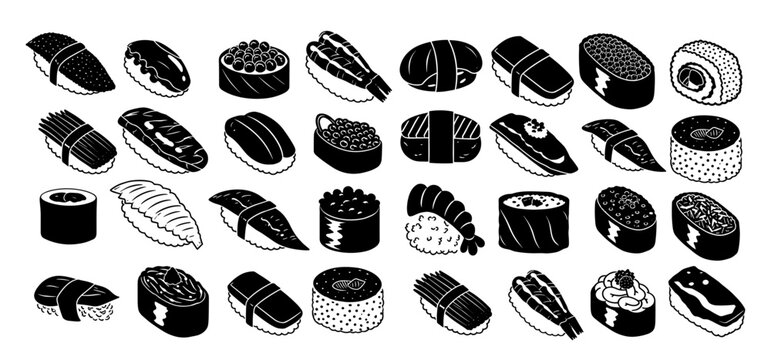 Japanese sushi collection silhouette featuring assorted nigiri, maki rolls, gunkan and traditional seafood