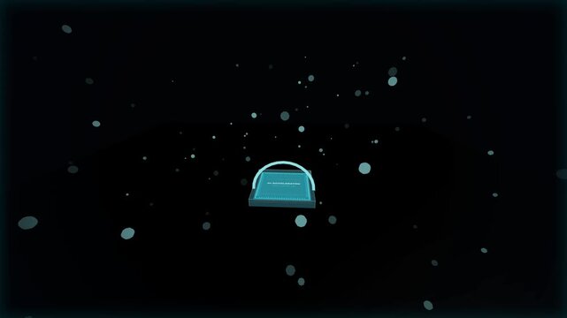 Futuristic 3D animation of glowing blue AI accelerator microchip processor emitting digital particle shockwaves on dark background, wide high angle view representing quantum computing power.