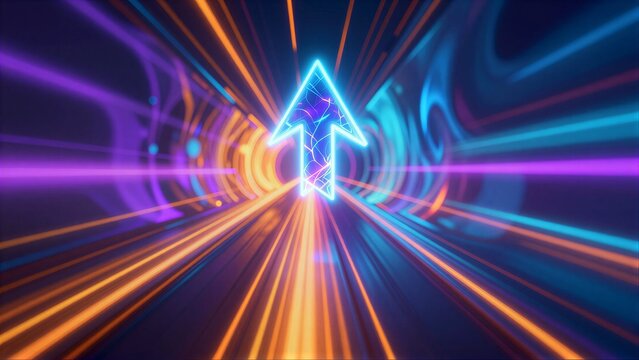 Neon arrow pulses forward through vibrant, swirling light tunnel of purple and orange hues.