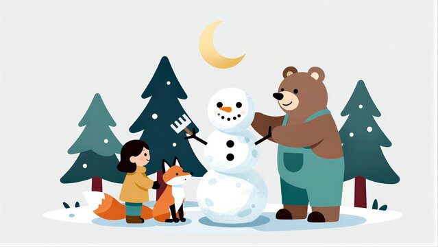 A bear and child build a snowman with a fox watching under a moon.