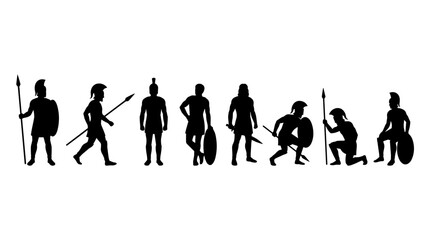 Obraz premium Set of ancient greek warrior silhouettes, soldiers with spears and shields in various poses, historical military fighters, flat vector illustration