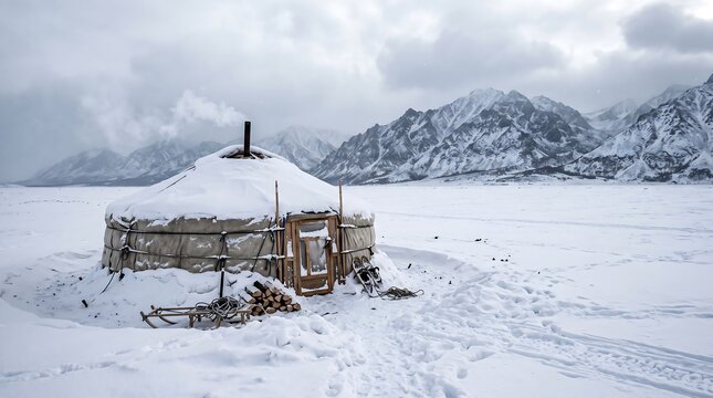 Traditional yurt in a snowy winter mountain landscape