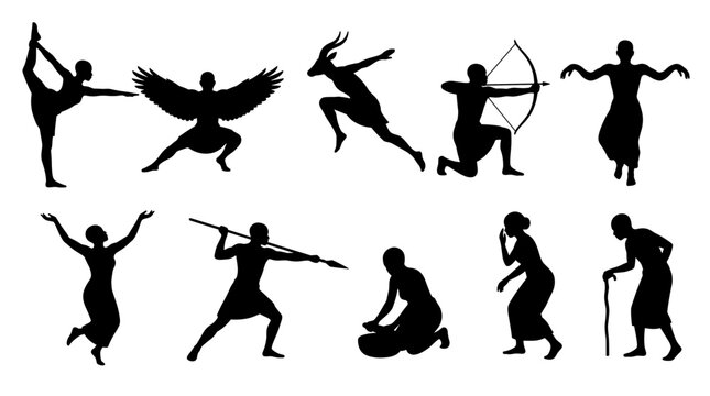 Set of silhouettes of african people in traditional activities, tribal dance, hunting with spear and bow, storytelling, nomadic lifestyle elements