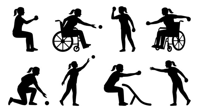 Set of boccia player silhouettes in various action poses, adaptive sports athletes, inclusive recreation, competitive ball game precision, sporting