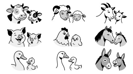 Obraz premium Set of farm animal mothers and babies, cow, sheep, goat, pig, chicken, horse, goose, donkey, flat icons, simple black and white vector illustration