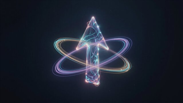 Glowing arrow with atomic rings, vibrant light trails against dark background.