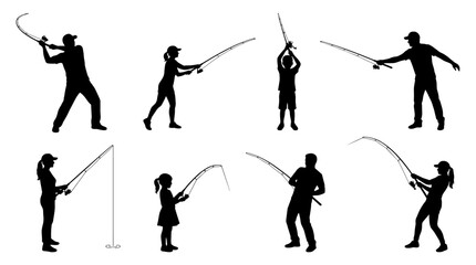 Naklejka premium Set of fishing silhouettes showing various people casting rods, outdoor leisure activities, sport lifestyle, angling recreation, hobby adventure