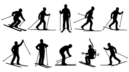 Fototapeta premium Set of black silhouettes of skiers in various positions and actions, winter sports, mountain leisure, slope activity, outdoor recreation theme