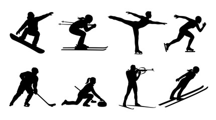 Fototapeta premium Set of winter sports silhouettes, ice skating, skiing, snowboarding, curling, ice hockey, biathlon, athlete movement, active recreation