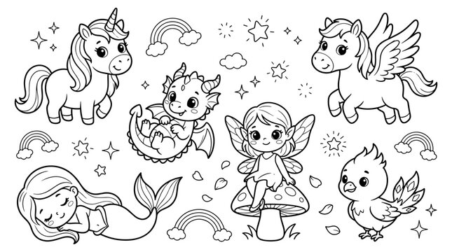 Set of magical creatures in line art for coloring book, featuring unicorn, dragon, mermaid, fairy, pegasus and bird with rainbows and sparkles