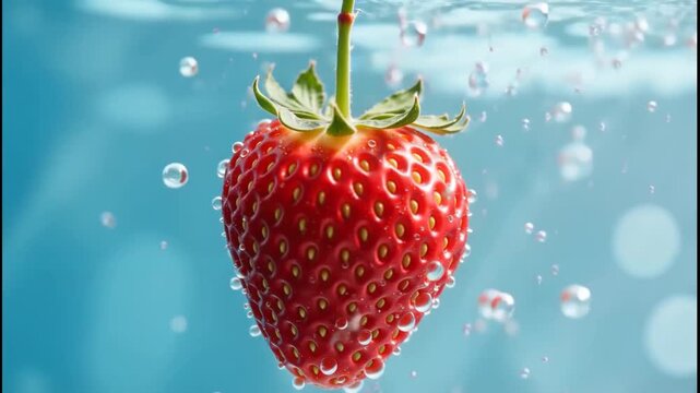 Red strawberry with green stem submerged in clear water, surrounded by rising bubbles and light reflections