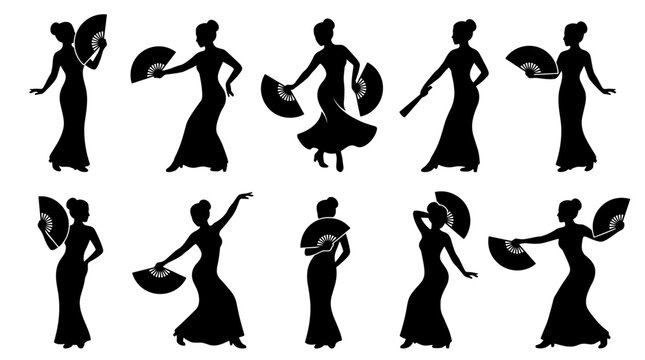 Set of black silhouettes of women dancing with traditional hand fans in various poses, expressive movement, performance, elegance and cultural grace