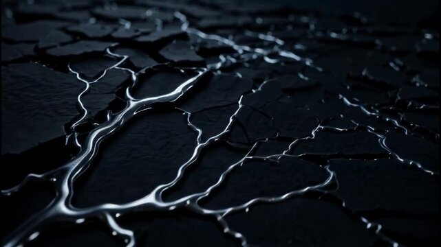 Silver liquid flowing through cracks in dark textured surface, creating intricate branching patterns