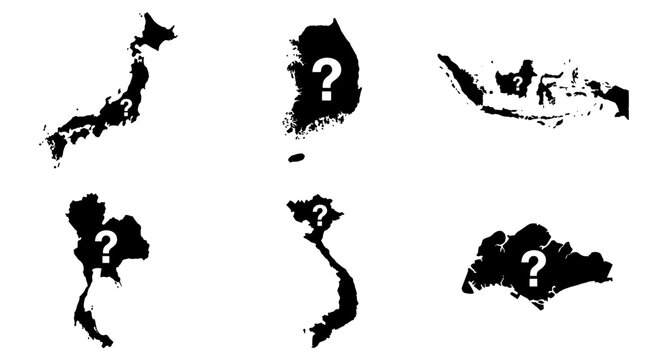 Set of black silhouette country map shapes with question marks, mystery geography, unknown territory, geopolitical uncertainty, educational quiz