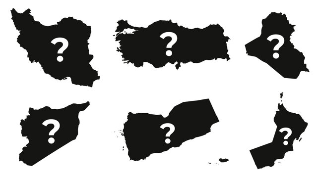 Set of black silhouette country maps featuring question mark symbols, geographical mystery, political uncertainty, travel risk analysis, regional